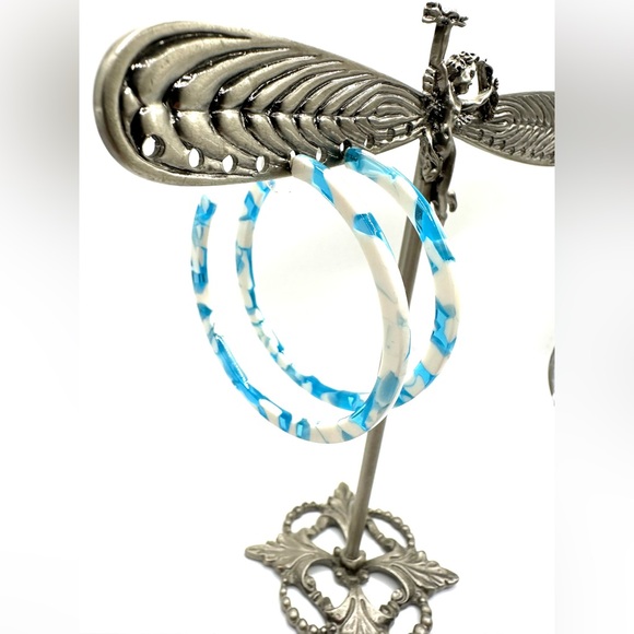 Turquoise Aqua & White Large Hoop Pierced Earrings-Retro Look! - Picture 2 of 10